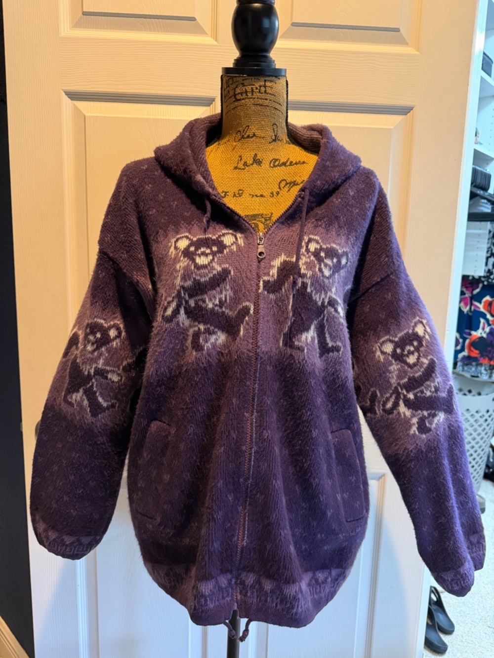Grateful Dead Purple Zip-Up Alpaca Wool Jacket with Dancing Bear Motif